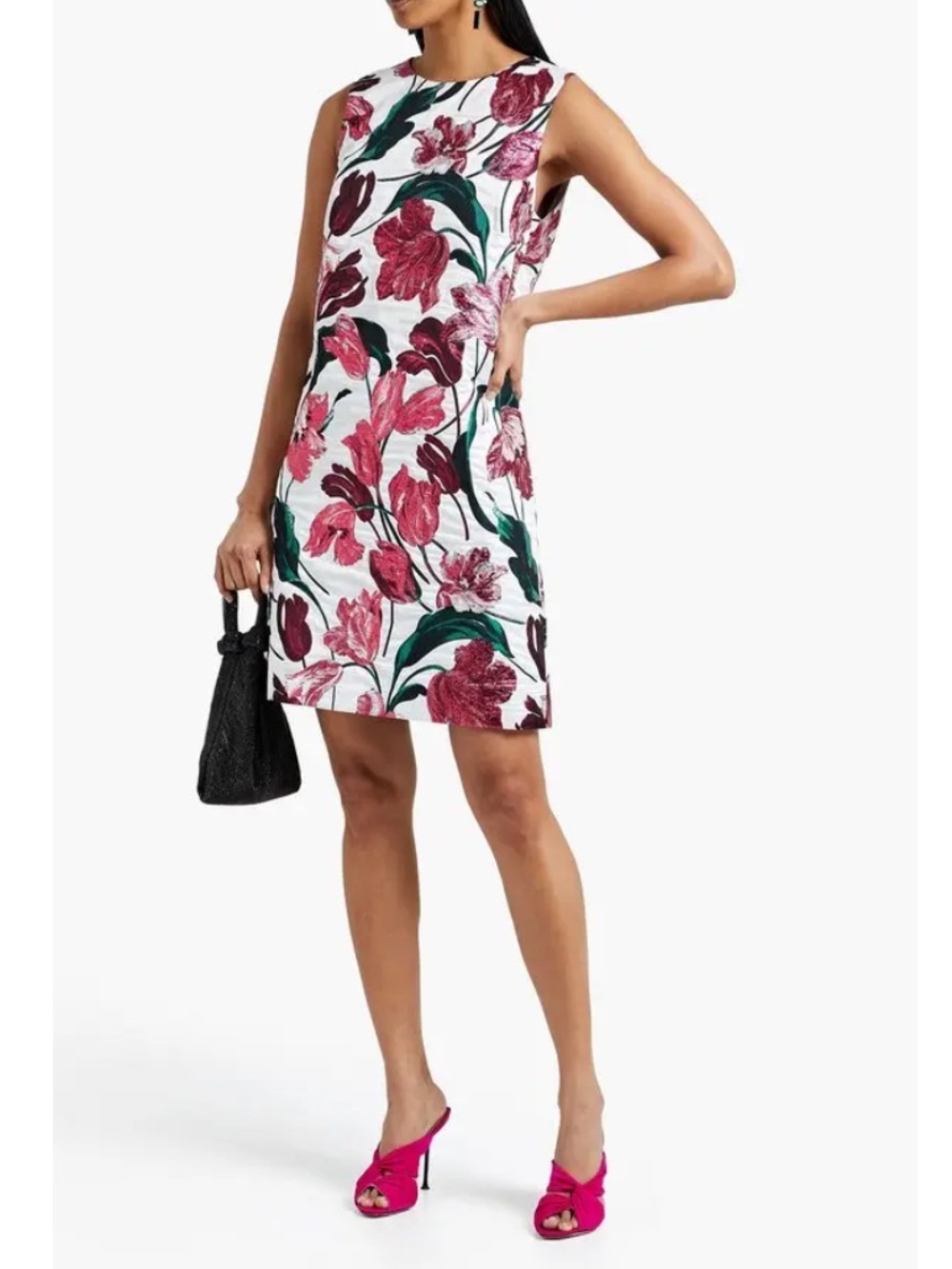 Carolina Herrera Dress Mini Shift in Metallic Floral-Jacquard White Pink Red